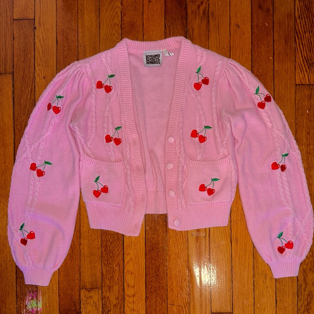 VALENTINE’S DAY Reclaimed Vintage Pink Cherry Heart Kawaii Cardigan